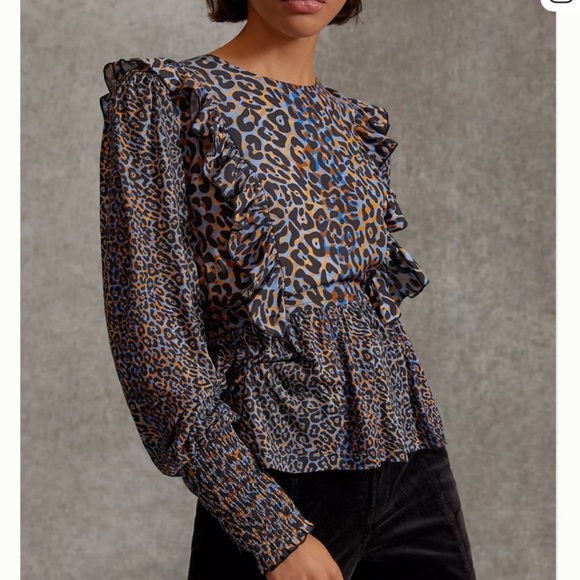 Anthropologie Tops - BL^NK Anthropologie Moira Ruffled Peplum Leopard Print Top, Blue Brown Black, L